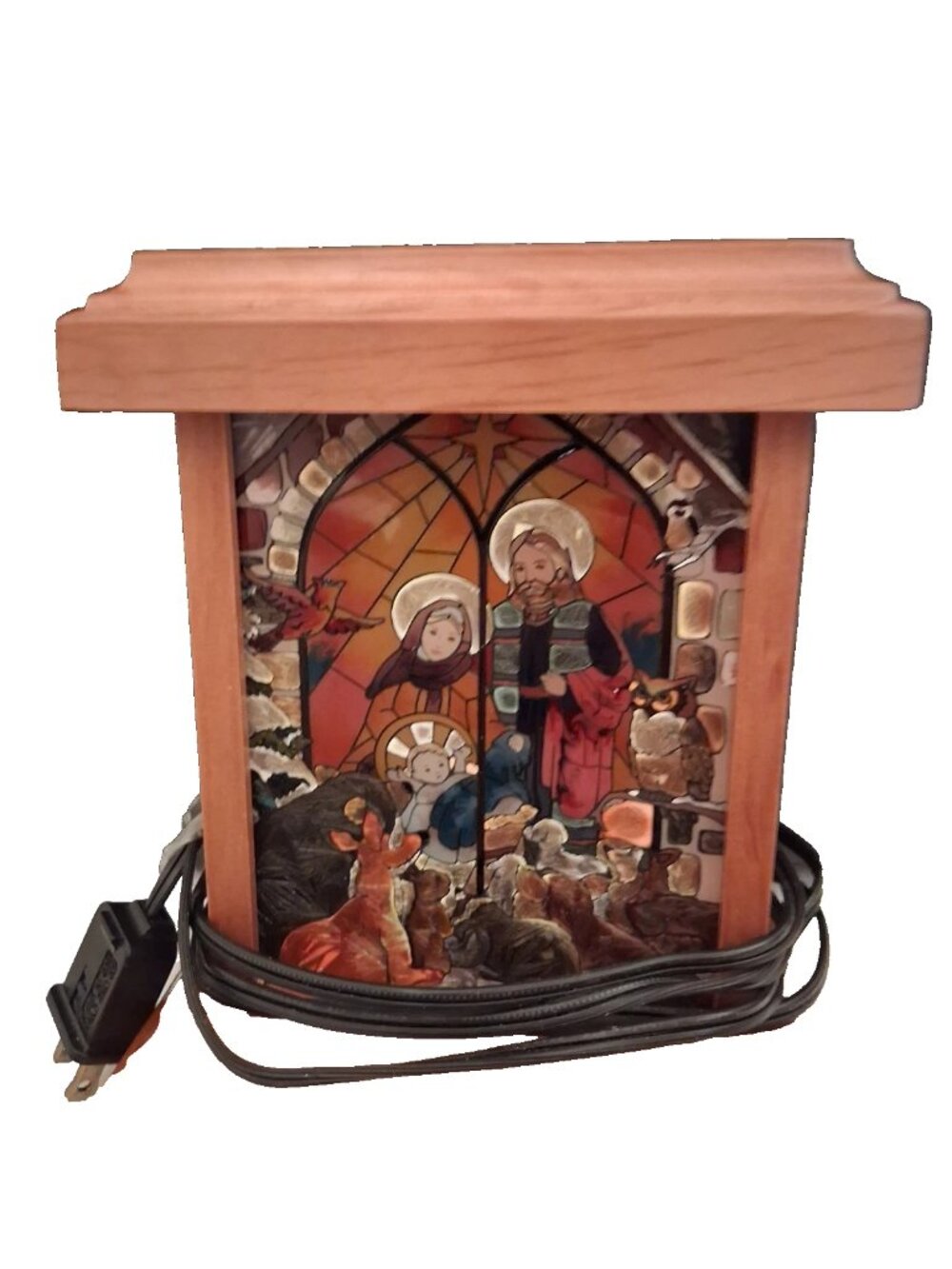 Amia Denver Co, stained wooden boxed glass lamp